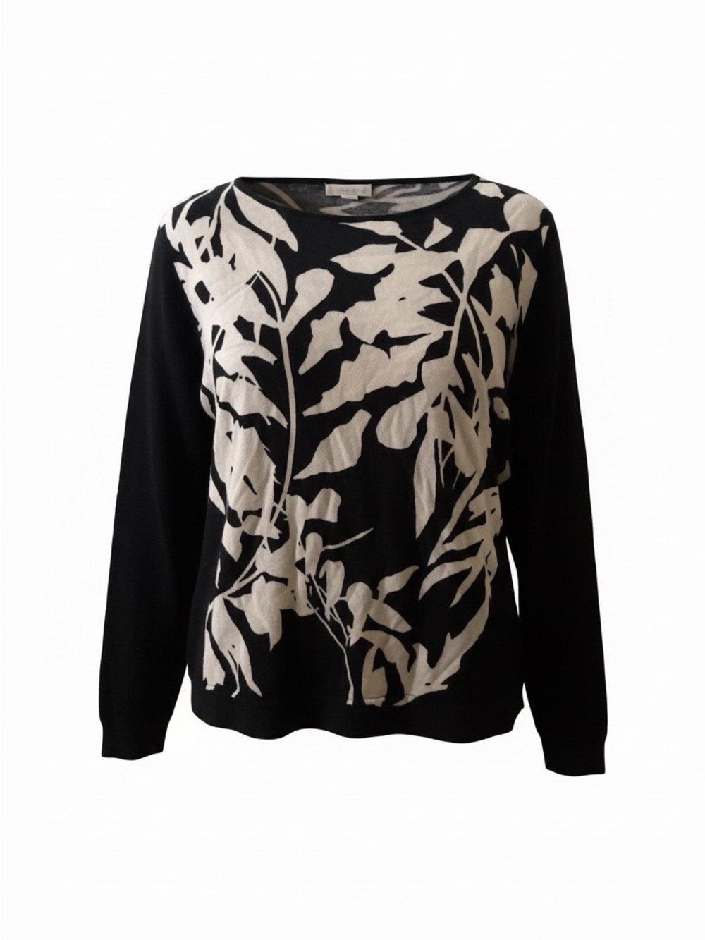 Chico's Black and Cream Botanical Crewneck Sweater